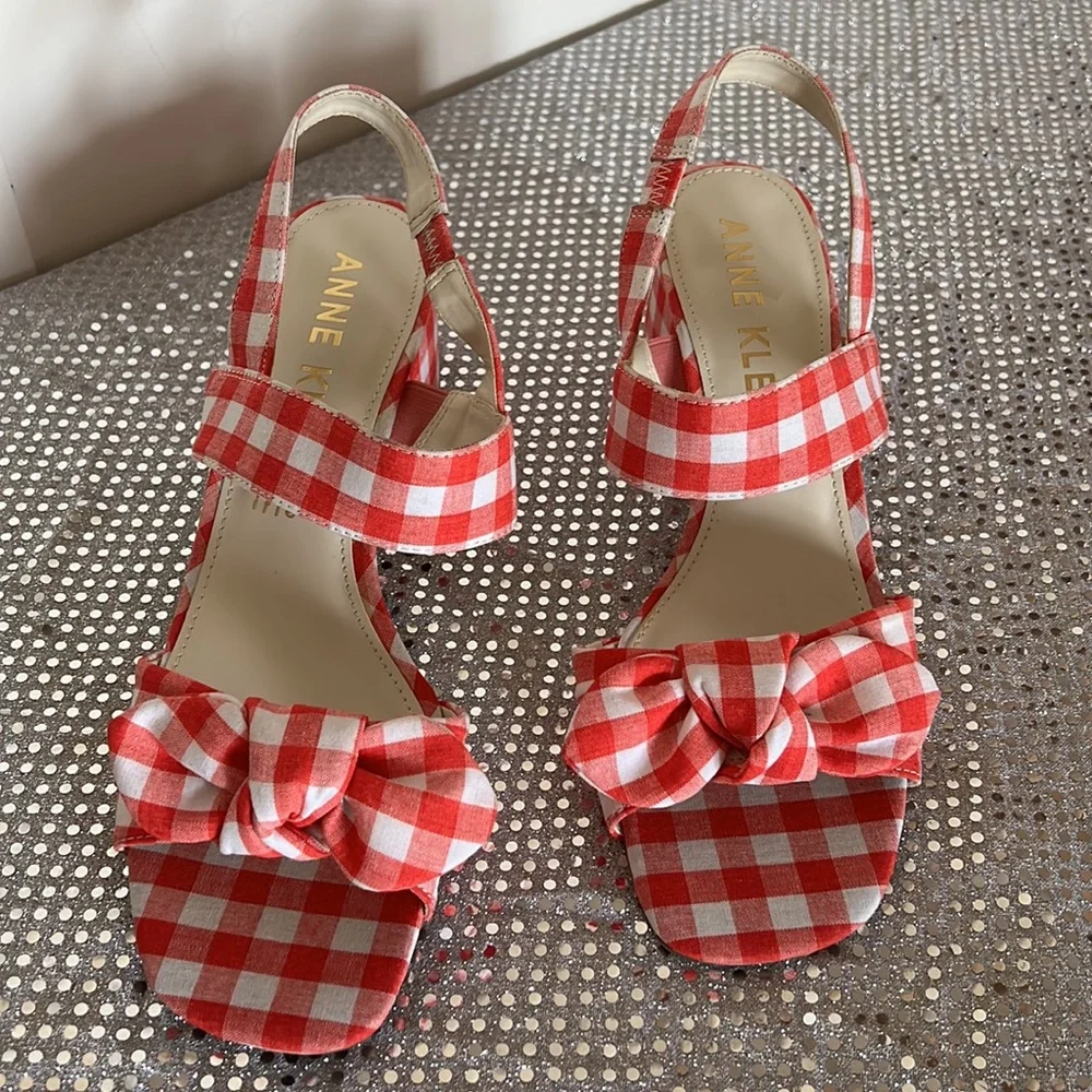 Anne Klein Red and White Checkered Sandals - Picture 1 of 15